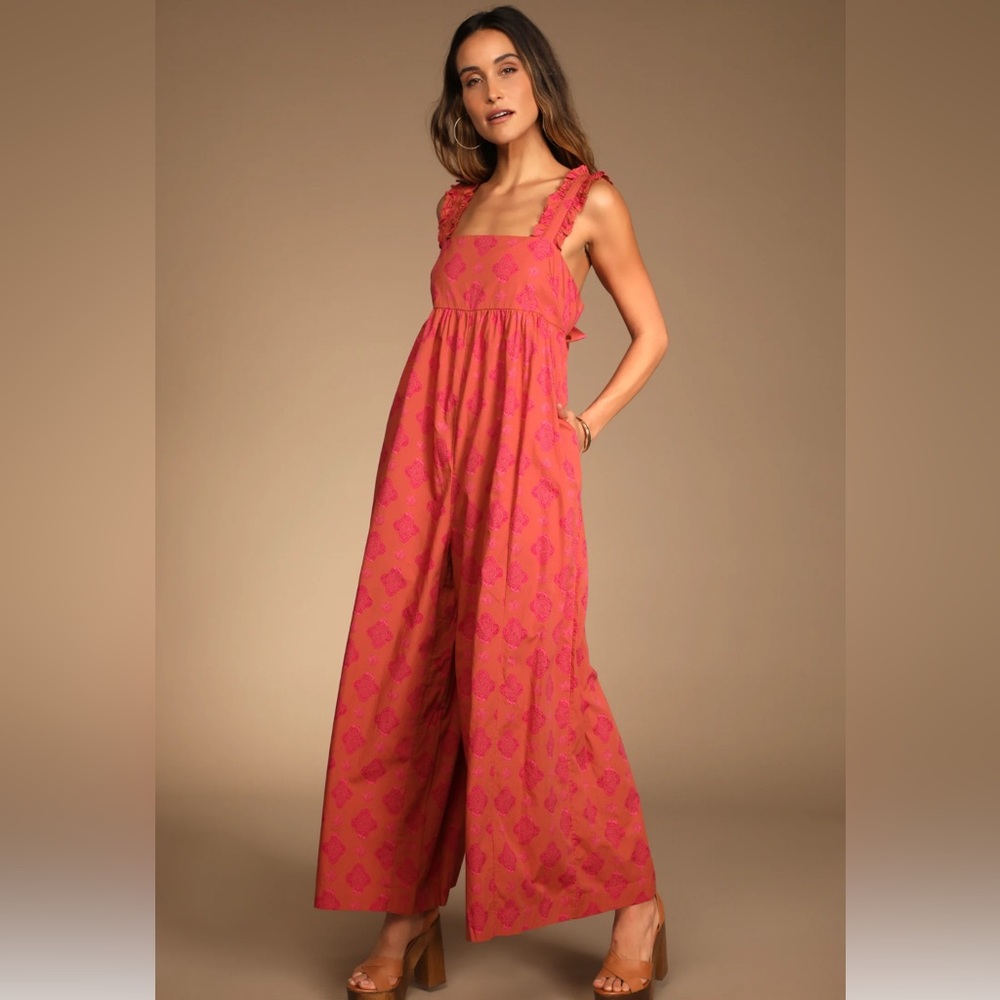 Lulu’s Bo-Ho Print with Ruffle Straps & Tie-Back Pink & Orange Jumpsuit